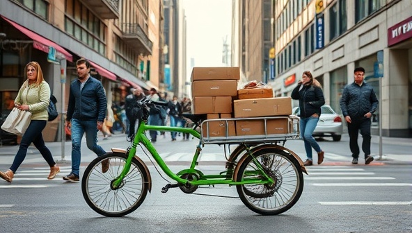An engaging image of a cargo tricycle loaded with packages, maneuvering through a busy city street with ease, showcasing the practicality and eco-friendly nature of TriCycle Cargo's delivery service, with pedestrians admiring the innovative approach to urban logistics.