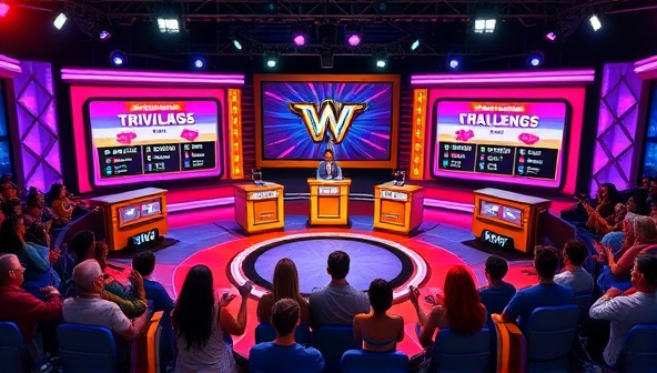 A dynamic and colorful game show set with digital avatars of players answering trivia questions and competing in challenges, surrounded by virtual audience members cheering and reacting, creating an exciting and interactive game show atmosphere.