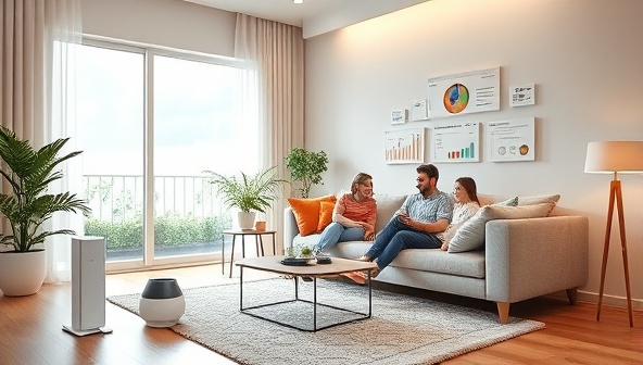 A contemporary living room setting with sleek IoT air quality sensors placed around the space, a digital dashboard displaying real-time air quality metrics, and a family enjoying fresh and clean indoor air, showcasing modern technology and healthy living environments.