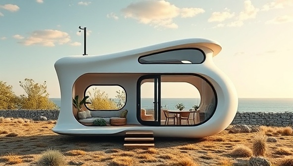 An artistic rendering of a futuristic and sustainable tiny home design, featuring innovative space-saving solutions, eco-friendly materials, and stylish interior decor, set against a backdrop of a serene natural landscape, evoking a sense of modern living in harmony with nature.
