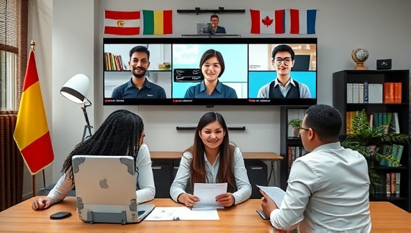 A virtual training room scene with a diverse group of professionals engaging in a training session on a video call, with interactive learning materials, cultural flags, and inclusive visuals in the background, representing a commitment to diversity and inclusion in virtual training consultations.