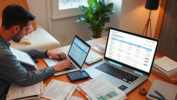 A cozy home office setup with a freelancer working on a laptop, surrounded by tax forms, receipts, a calculator, and a digital screen displaying the SoloTaxMate software interface, symbolizing ease and efficiency in tax compliance for independent workers.