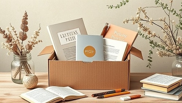 An artistic depiction of a beautifully designed subscription box filled with poetry books, writing tools, and aesthetic elements, evoking a sense of creativity and literary inspiration for poetry enthusiasts eager to unbox their monthly dose of verse.