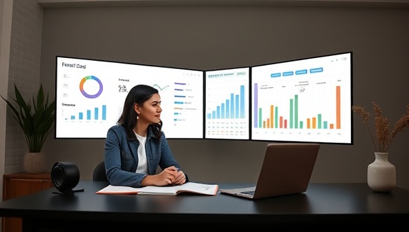 A professional and organized virtual financial coaching session featuring a finance coach discussing investment portfolios and financial goals with a client through a digital financial planner tool, creating a sense of empowerment and financial well-being for individuals seeking financial guidance.