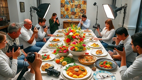 A visually captivating food photography workshop setup at Visual Feast Workshops, with a beautifully styled table of gourmet dishes, colorful props, cameras, and lighting equipment, surrounded by participants actively engaged in capturing the culinary artistry, creating a vibrant and creative learning environment.