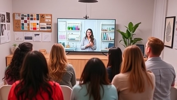 An engaging virtual interior design workshop scene with participants interacting with a professional designer through a video call, showcasing mood boards, color swatches, and design sketches on the screen, creating a dynamic and educational atmosphere.