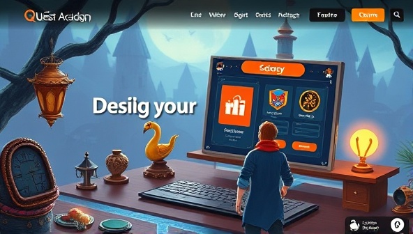 A captivating visual representation of a user navigating through a fantasy-themed web design course on DesignQuest Academy, collecting virtual rewards and badges while customizing a digital interface, highlighting the gamified and immersive learning experience of the platform.