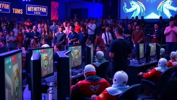 An intense gaming competition scene with players focused on their screens, a live audience cheering in the background, and commentators providing real-time analysis, capturing the excitement and energy of the tournament.