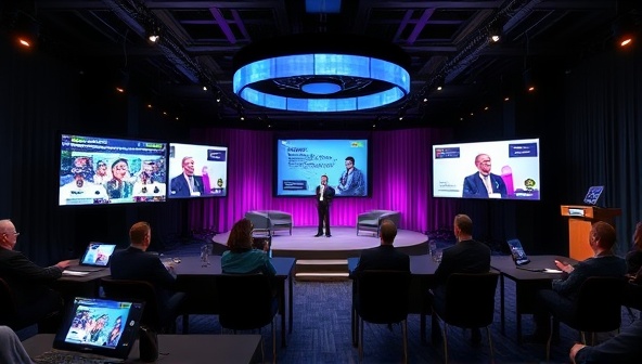An immersive virtual event setup with a variety of screens displaying interactive content, virtual attendees engaging in discussions, and a virtual stage with a speaker presenting, illustrating the dynamic and engaging nature of virtual events.