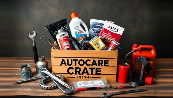A visually appealing box design concept featuring an AutoCare Crate filled with car maintenance products, tools, and accessories, surrounded by wrenches, oil cans, and a car manual, creating a sense of excitement and anticipation for subscribers.