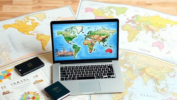 An elegant laptop displaying stunning travel destinations around the world, surrounded by a passport, a map, and travel guides, evoking a sense of wanderlust and adventure.