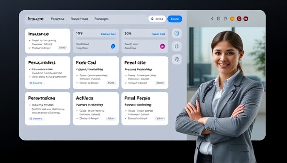 A sleek and modern digital platform interface displaying various insurance options with personalized recommendations, accompanied by a friendly insurance expert assisting a client through a video call, symbolizing convenience and tailored service.