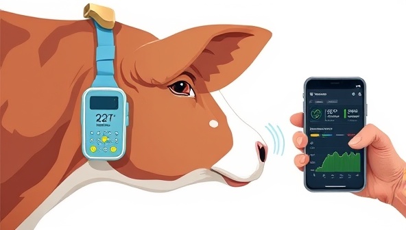 An illustration of a smart wearable device attached to a cow's ear, transmitting data wirelessly to a farmer's smartphone, with a digital dashboard displaying vital signs and location information, highlighting modern farming practices and technology integration.