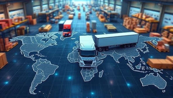 An innovative depiction of interconnected trucks moving seamlessly on a digital map, symbolizing the efficiency and connectivity facilitated by CargoLink Connect's virtual freight matching platform, with a backdrop of bustling warehouses and distribution centers.