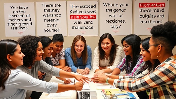 An empowering image of a diverse group of workshop participants engaged in a hands-on activity, surrounded by motivational quotes and branding materials, reflecting the supportive and educational environment of Influence Academy.