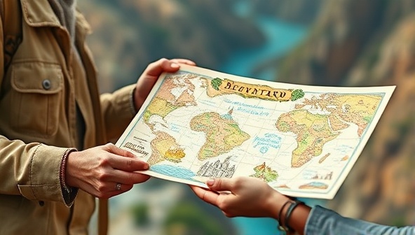 A visually striking image of a traveler receiving a handcrafted map from a local expert, with iconic landmarks and hidden gems illustrated on the map, symbolizing the personalized and curated travel experience offered by Wanderlust Connect.