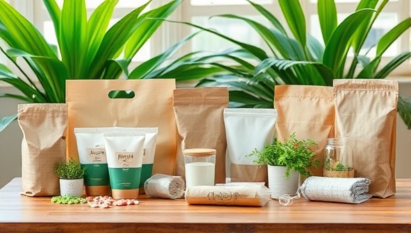 An assortment of biodegradable packaging materials neatly arranged on a wooden table, with green plants in the background, conveying a natural and eco-friendly vibe.