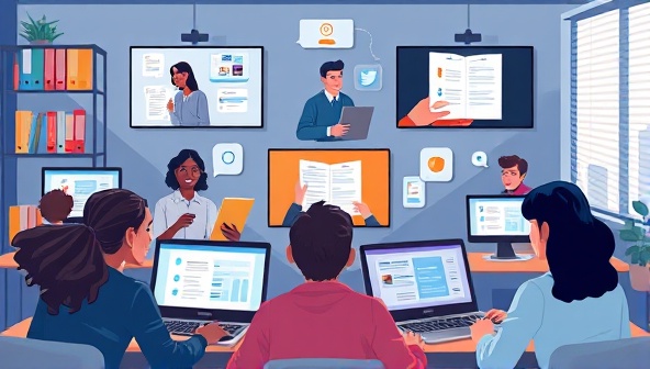An artistic representation of diverse students virtually connecting in a study group setting, with digital screens displaying shared notes, study materials, and interactive quizzes, fostering a collaborative and engaging learning atmosphere.