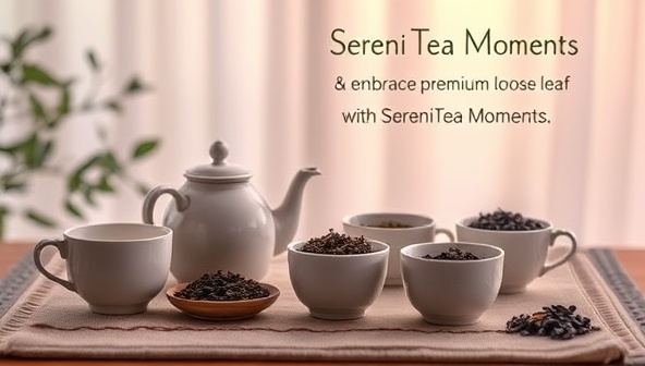 A serene and tranquil setting with an elegant tea ceremony arrangement, featuring a teapot, teacups, and a variety of premium loose-leaf teas in calming hues, inviting viewers to embrace moments of serenity and mindfulness with SereniTea Moments.