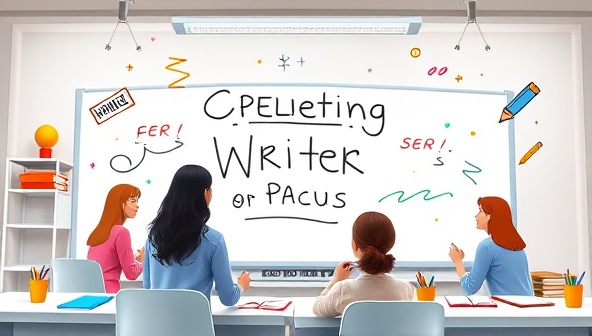 An interactive virtual classroom setting with diverse avatars of writers collaborating on a digital whiteboard, surrounded by floating creativity sparks and colorful writing tools, illustrating a dynamic and engaging learning environment.