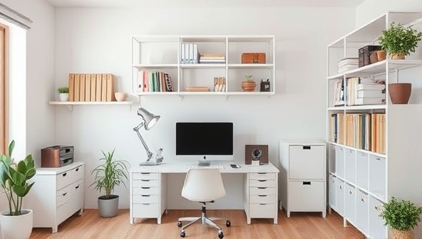 An organized and decluttered home office space with neatly arranged shelves, minimalist decor, and functional storage solutions, conveying a sense of peace, productivity, and simplicity in a well-organized environment.