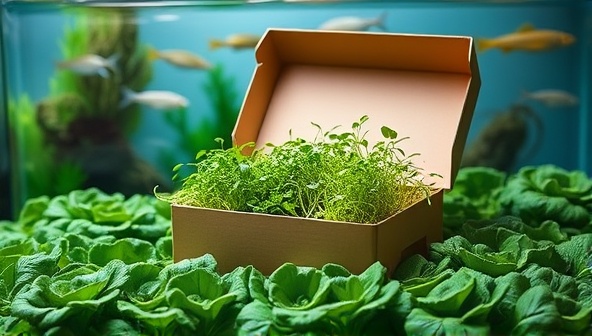 An elegant subscription box filled with vibrant microgreens, nestled on a bed of aquaponically grown lettuce, with a clear fish tank in the background, highlighting the sustainable and fresh nature of the product.