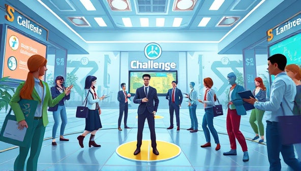 An eye-catching illustration of a virtual gaming world where avatars representing job seekers and employers interact and complete challenges, highlighting the fun and interactive nature of SkillQuest.