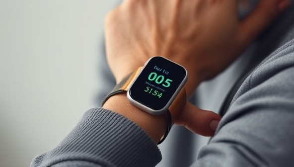 An individual wearing a sleek health monitoring wearable device on their wrist, displaying vital signs and activity levels on a vibrant digital screen, illustrating the device's modern and user-friendly design.