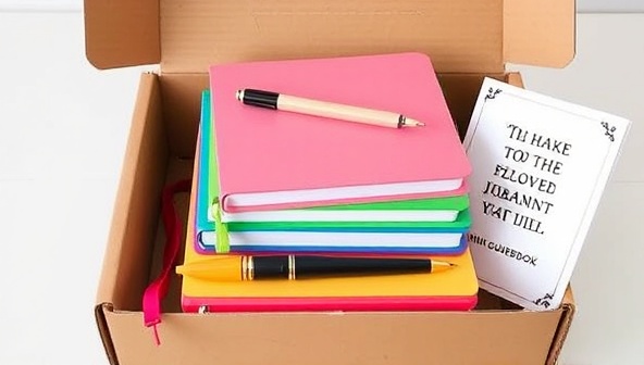 A beautifully designed subscription box featuring a stack of colorful notebooks, a fancy pen, inspirational quote cards, and a mini guidebook, symbolizing creativity and imagination.