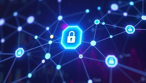 A digital illustration of a blockchain network connecting influencers and brands through secure payment transactions, with transparent smart contracts visible on screen, symbolizing trust and efficiency in influencer marketing collaborations.