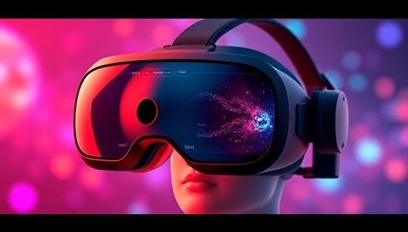 An engaging virtual reality headset displaying a vibrant and dynamic 3D website environment, capturing the essence of immersive web design experiences.