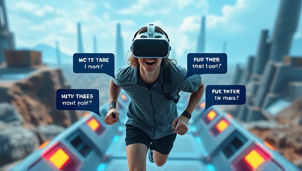 An exciting visual of a user wearing a VR headset while running through a virtual obstacle course, surrounded by futuristic landscapes and challenges, with motivational messages popping up in the virtual world, highlighting the immersive and engaging nature of the experience.