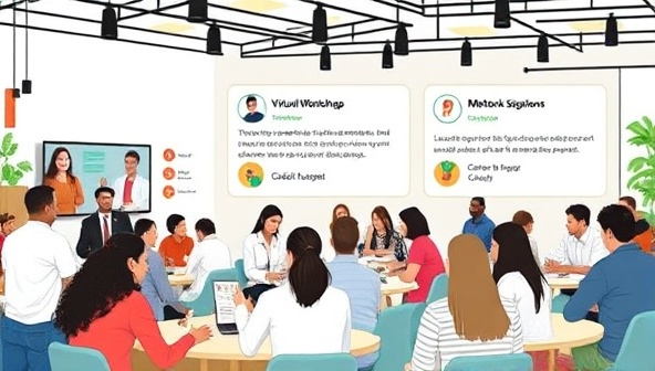 A digital incubator hub featuring virtual workshops, mentorship sessions, and networking events for food entrepreneurs, with a diverse group of participants engaging in collaborative discussions and idea-sharing, symbolizing the supportive and innovative environment of the platform.