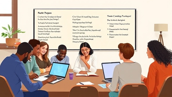 An artistic representation of an online poetry workshop session, showcasing a diverse group of participants engaging in creative writing exercises, sharing their poetic works, and receiving feedback from a virtual poetry mentor, capturing the essence of community and artistic growth.
