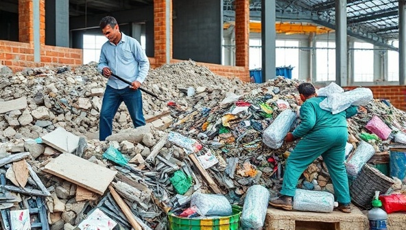 An impactful image of a construction site with workers sorting and recycling waste materials such as concrete rubble, metal scraps, and plastic packaging, highlighting the importance of sustainable construction practices and environmental conservation in the industry.