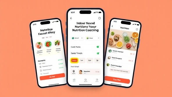 A mobile app interface showcasing personalized nutrition coaching features such as meal tracking, goal setting, and instant messaging with nutrition coaches, designed with a clean and intuitive layout to enhance user engagement and motivation towards healthier eating habits.