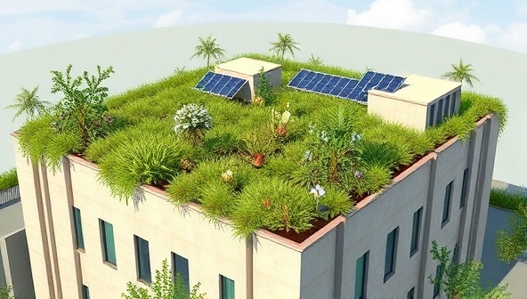 An architectural visualization of a building with a lush green roof garden, featuring native plants and solar panels, illustrating the sustainability and beauty of an EcoRoof Oasis installation.