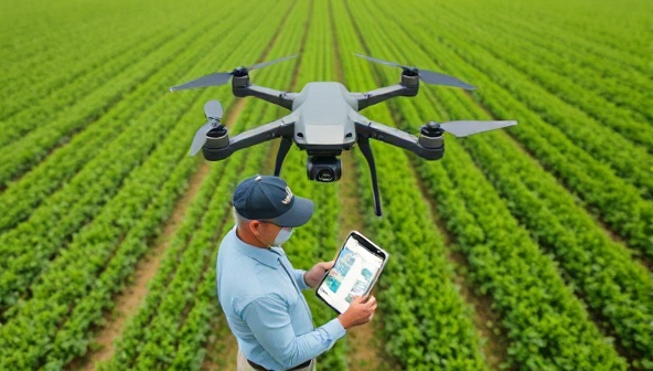 An aerial view captured by a drone showing lush green farmland with precision crop rows and a farmer analyzing the drone-collected data on a tablet, demonstrating the technology's role in modern agriculture and data-driven decision-making.