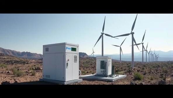 A dynamic visual representation of PureWind Purify water purification units in action, set against a backdrop of rugged outdoor terrain with wind turbines generating power to purify water, symbolizing resilience and sustainability in providing clean drinking water in challenging conditions.