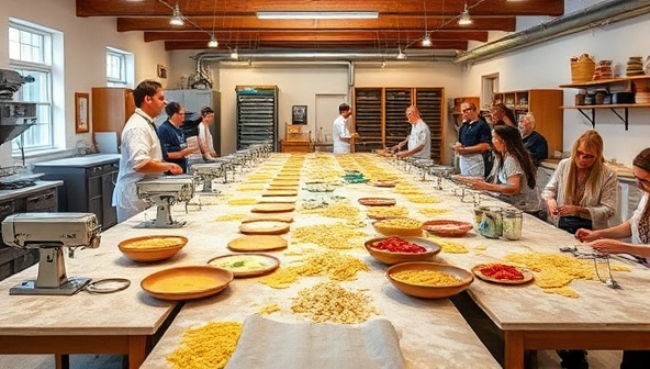 A vibrant pasta-making studio setup with long communal tables, flour-dusted countertops, pasta machines, and an array of fresh ingredients for participants to create their pasta masterpieces, with chefs providing guidance and guests enjoying a convivial dining experience surrounded by the aroma of freshly cooked pasta, evoking a sense of culinary artistry and camaraderie.