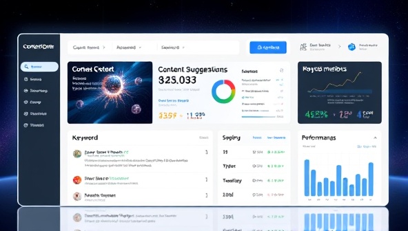 A sleek and futuristic interface of the ContentGenie platform, displaying real-time content suggestions, keyword insights, and performance metrics in a user-friendly dashboard, highlighting the tool's efficiency and data-driven approach to content marketing.