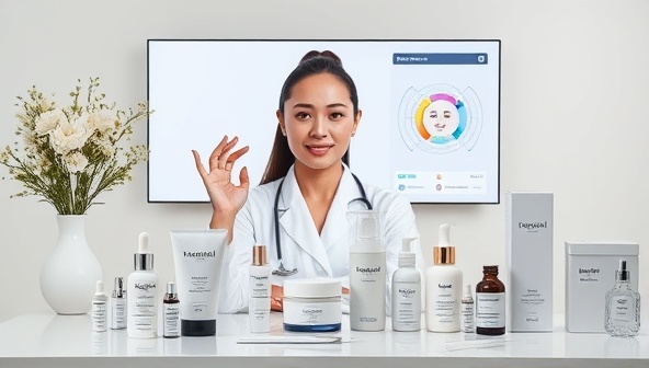 A virtual skincare consultation setup featuring a skincare specialist analyzing skin concerns via video call, surrounded by a range of skincare products, dermatological tools, and a digital skin analysis interface, conveying a sense of expertise and personalized care for skincare needs.