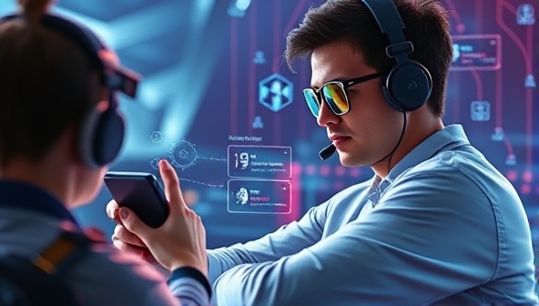 A futuristic visual of a gamer interacting with the AI Buddy Gamer app on a smartphone, receiving personalized game recommendations and tips, with AI algorithms analyzing gameplay data in the background, illustrating the advanced and tailored gaming experience provided by the app.