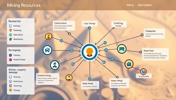 A digital platform interface displaying a network of interconnected mining companies sharing resources, with interactive features for resource requests, exchanges, and collaboration, highlighting the efficiency and cost-effectiveness of resource sharing in mining operations.