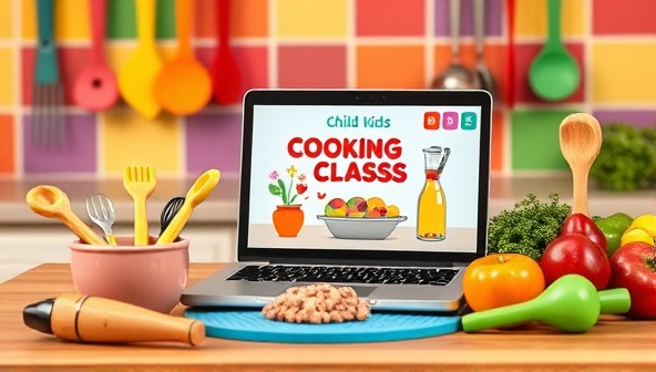 A colorful and vibrant kitchen setting with child-sized cooking utensils, fresh ingredients, and a laptop displaying a virtual cooking class, showcasing a fun and educational environment for kids.
