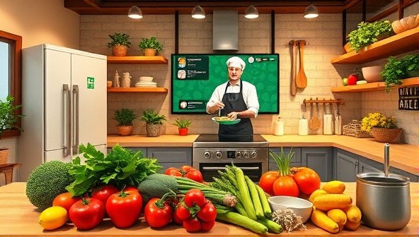 A vibrant and welcoming virtual kitchen environment showcasing a variety of fresh produce, plant-based ingredients, and cooking utensils, with a digital screen displaying a chef teaching a plant-based cooking technique, inspiring a sense of creativity and culinary exploration for students of GreenGourmet Academy.
