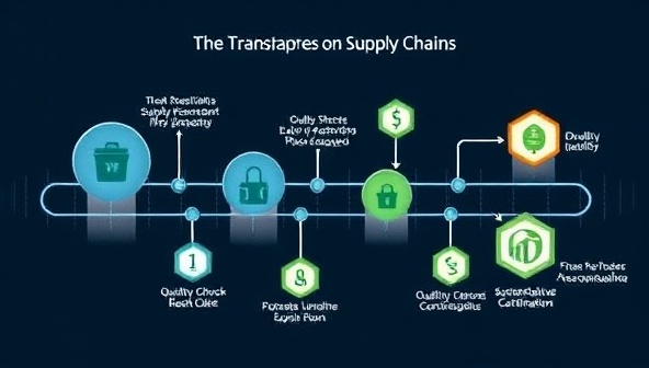 An illustrative graphic showing a transparent supply chain process with blockchain nodes tracking product movements, quality checks, and sustainability certifications, emphasizing trust and accountability in the supply chain ecosystem.