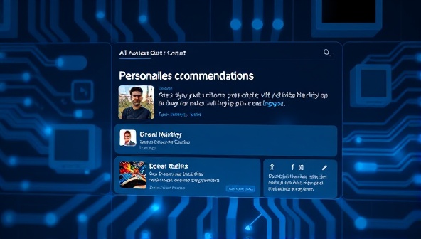 An engaging and futuristic digital interface displaying personalized content recommendations for a user, with AI algorithms symbolized by glowing circuits in the background, showcasing the platform's advanced technology.