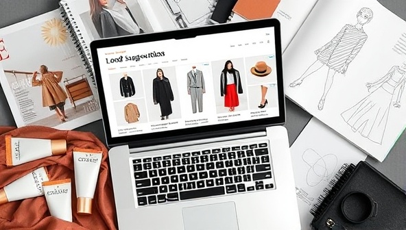 An image of a laptop screen displaying a digital lookbook with curated outfit suggestions, fashion mood boards, and accessories coordination, surrounded by fashion magazines, fabric swatches, and designer sketches, reflecting the creativity and expertise of remote personal styling consultations.
