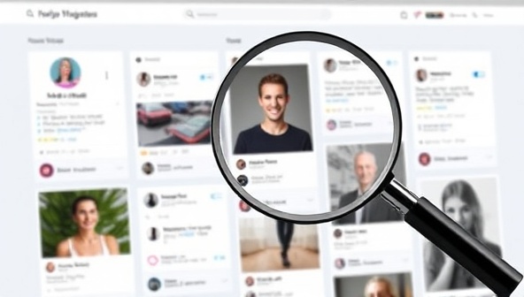 A modern and sleek digital interface displaying various social media profiles with engagement metrics, overlaid with a magnifying glass symbolizing the agency's focus on discovering hidden talent.